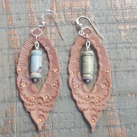 Genuine Handtooled Leather Earrings with Gemstones - Picture 1 of 4